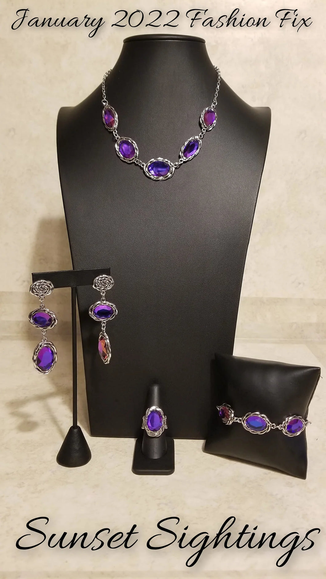 Fashion Fix COMPLETE SET- Sunset Sighting --Regal Renaissance Purple necklace, Majestic Muse Purple Earrings, Royal Regalia Purple Bracelet, Supreme Sparkle Purple Ring